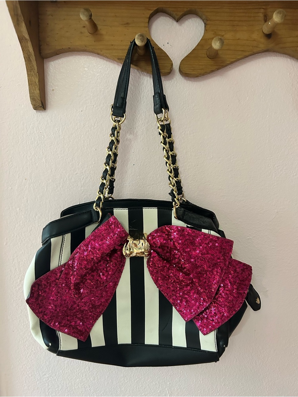 Betsey Johnson Bow-Lesque Striped Satchel Pink Sequin Bow Handbag